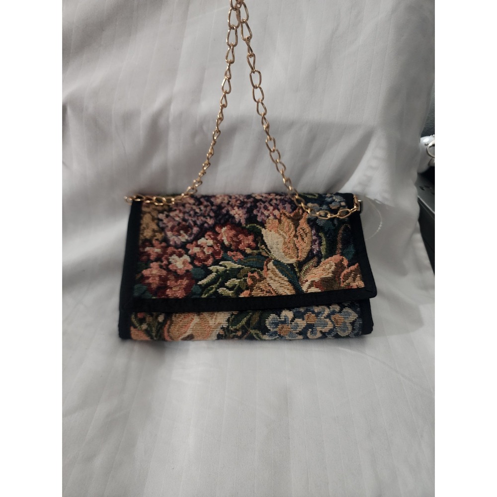 Danny K Beverly Hills Floral Tapestry Wallet Crossbody Bag Gold Chain Strap